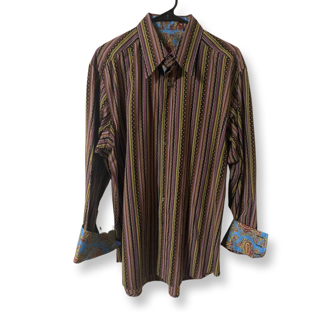 Robert Graham Embroidered Cuffs Colorful Stripes Geometric Long Sleeve Large